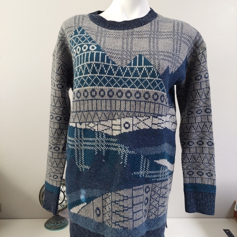 Vintage Woolrich Sweater Size S Abstract 3D Geometric‎ Knit Teal Blue Gray Wool